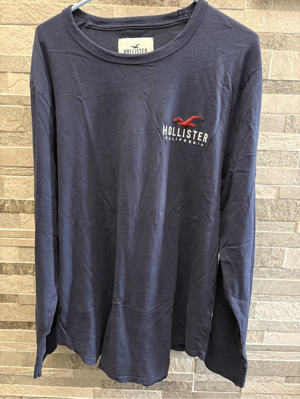Hollister Navy Long-Sleeve Logo Tee with Red Emblem